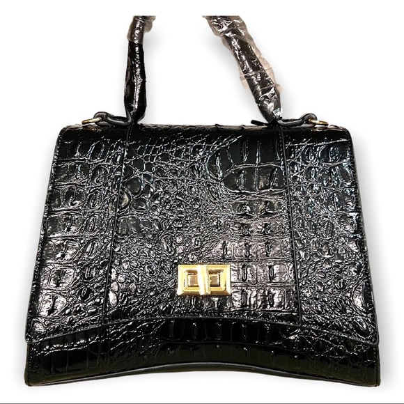 HOURGLASS BLACK EMBOSSED CROC LIKE HANDBAG PLUS WALLET - Picture 4 of 9